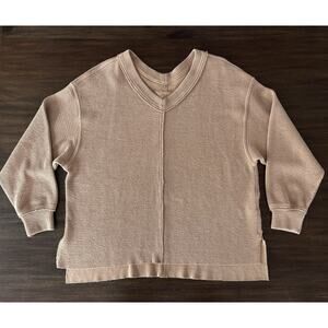 Aerie Tan Sweatshirt Ribbed Knit V-neck Womens’s Small Oversized Slouchy